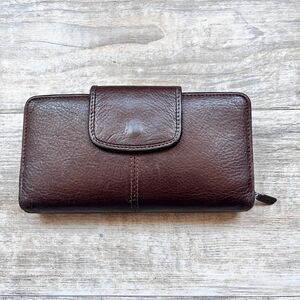Buxton Brown Leather Wallet Zip Around Organizer Plaid Interior Vintage Style